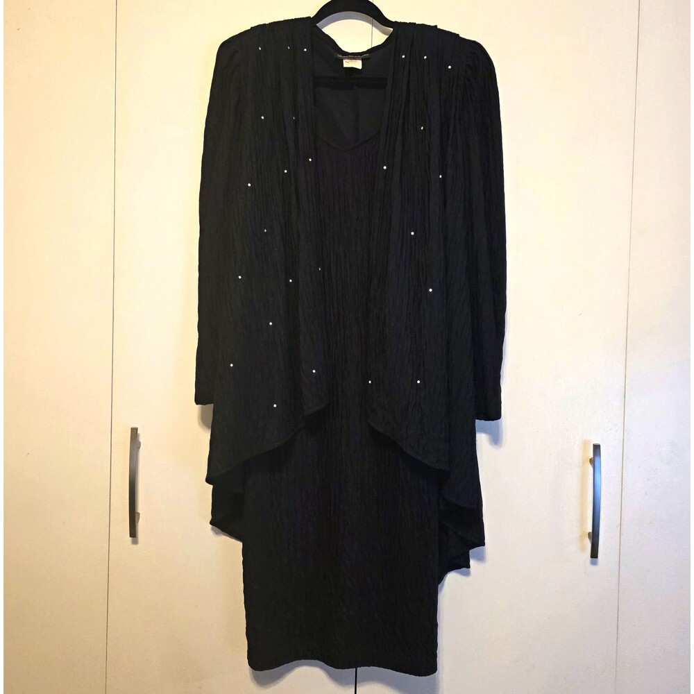 David Rose Black 2-Piece V-Neck Dress & Jacket Set Rhinestone Size 14